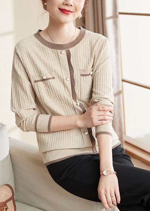 Beige Pockers Knit Sweater Tops O-Neck Button Long Sleeve