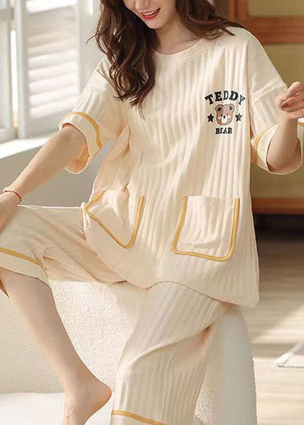 Beige Pockets Cotton Two Pieces Set Pajamas O Neck Short Sleeve