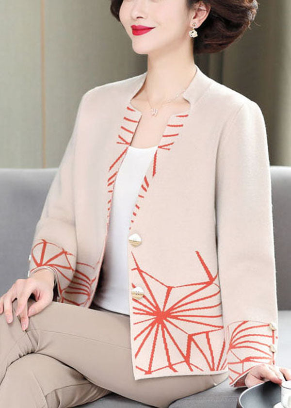 Beige Print Knit Cardigans V Neck Patchwork Long Sleeve