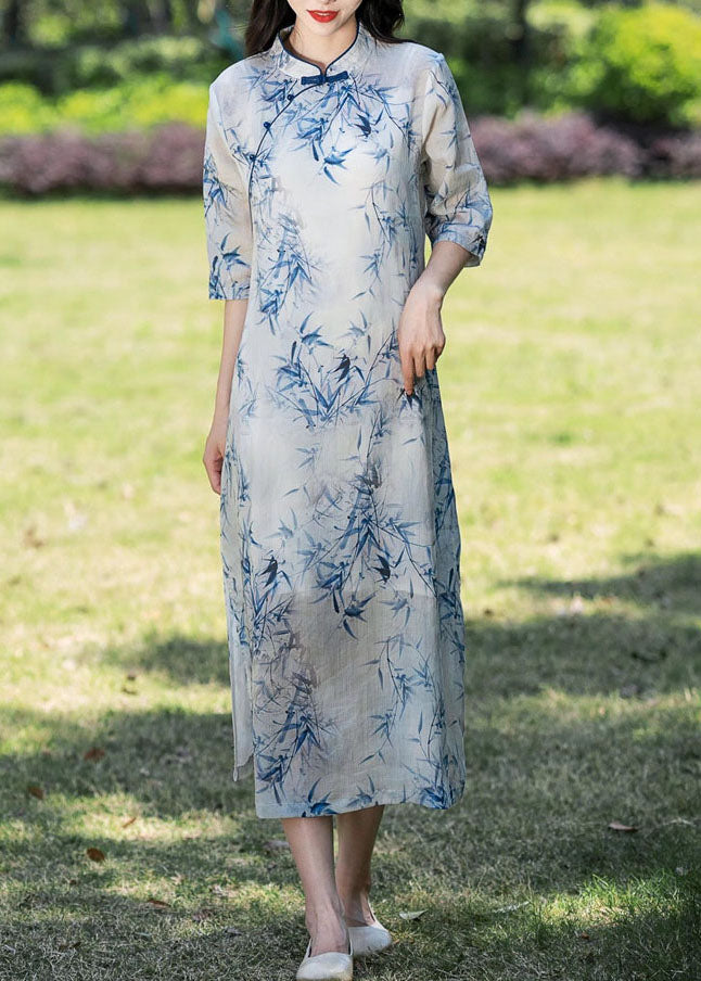 Beige Print Patchwork Linen Long Dresses Side Open Summer