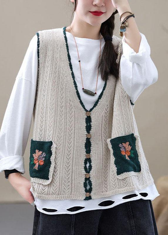 Beige Retro V Neck Fall Button Sleeveless Knit Vest