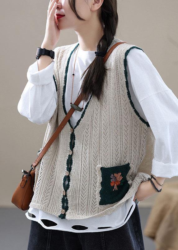 Beige Retro V Neck Fall Button Sleeveless Knit Vest