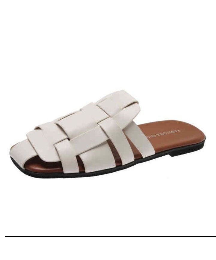 Beige Slide Sandals Faux Leather Vintage Hollow Out Splicing