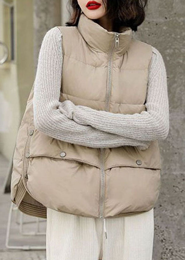 Beige Thick Duck Down Winter Vests Oversized Zippered Winter