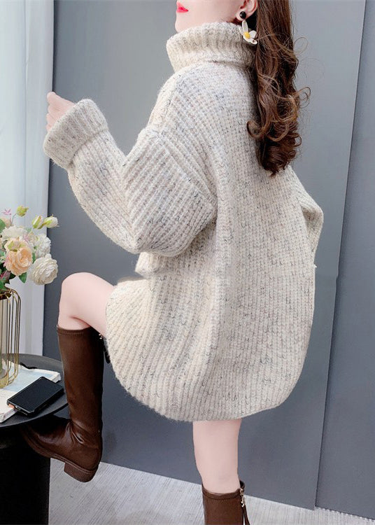 Beige Thick Knit Pullover Fashion Versatile Hign Neck Spring