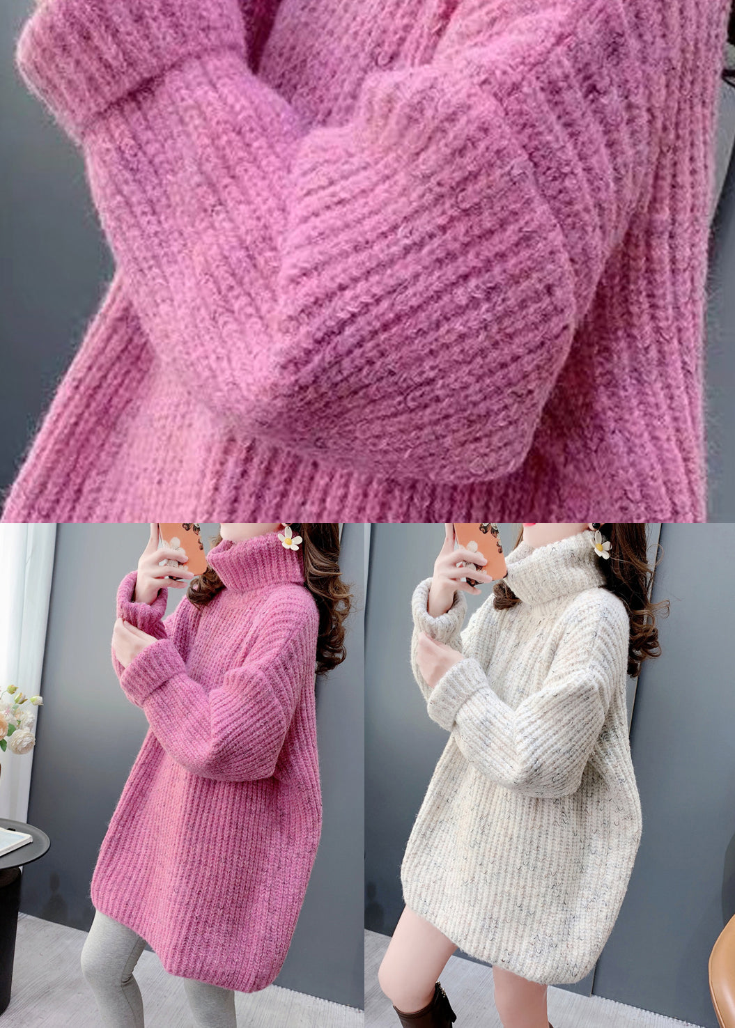 Beige Thick Knit Pullover Fashion Versatile Hign Neck Spring
