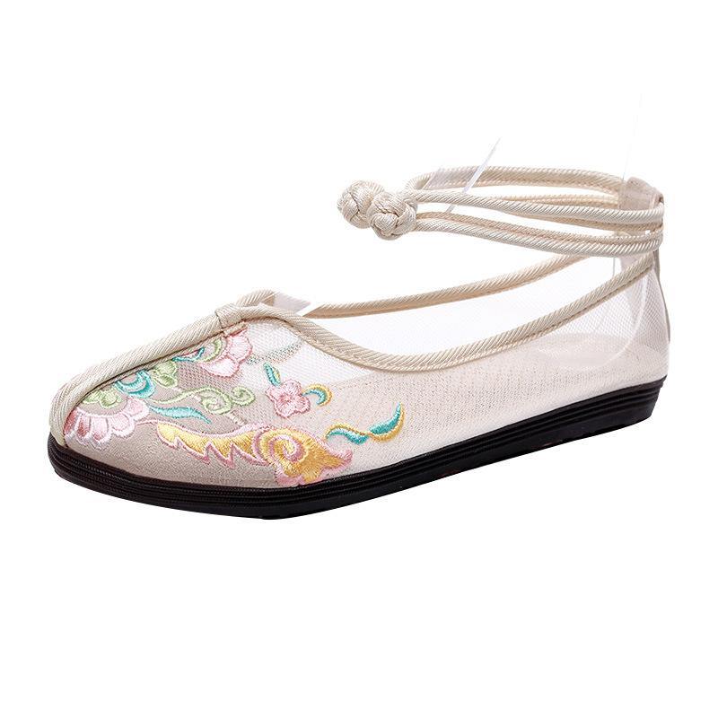 Beige Tulle Embroidered Oriental Flat Shoes