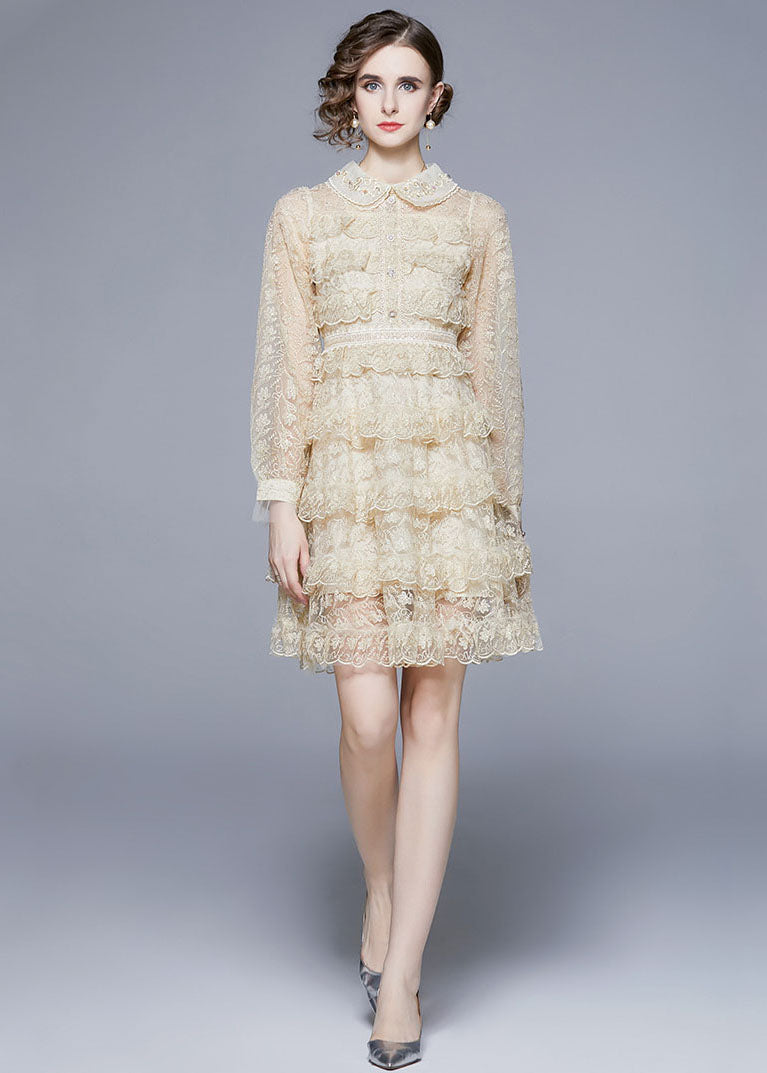 Beige Tulle Holiday Dress Peter Pan Collar Layered Ruffles Long Sleeve