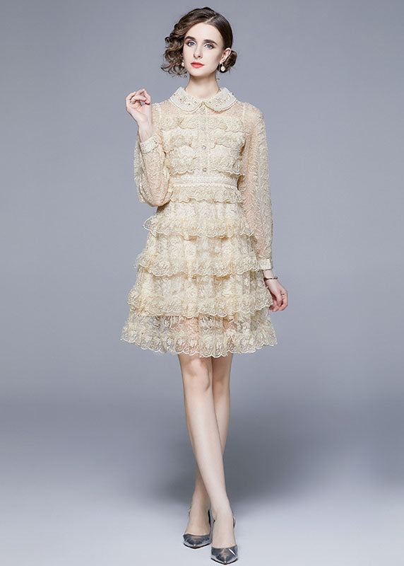 Beige Tulle Holiday Dress Peter Pan Collar Layered Ruffles Long Sleeve