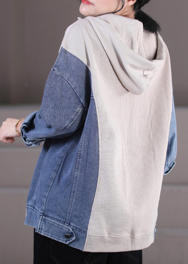 Beige Zippered Patchwork Denim Hooded Top Long Sleeve