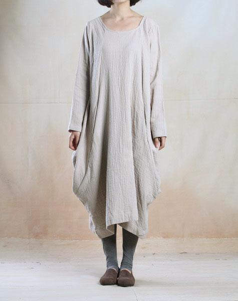 Beige Baggy linen maxi dress long plus size spring linen dresses - Omychic