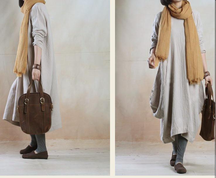 Beige Baggy linen maxi dress long plus size spring linen dresses - Omychic