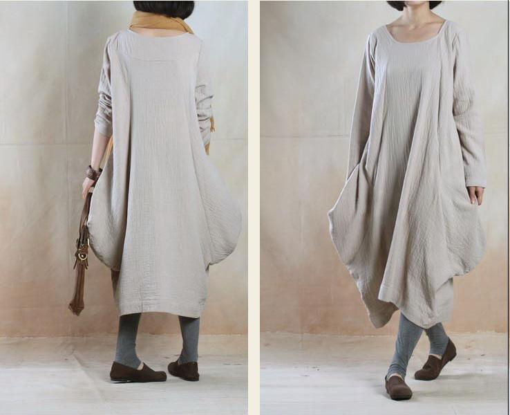 Beige Baggy linen maxi dress long plus size spring linen dresses - Omychic