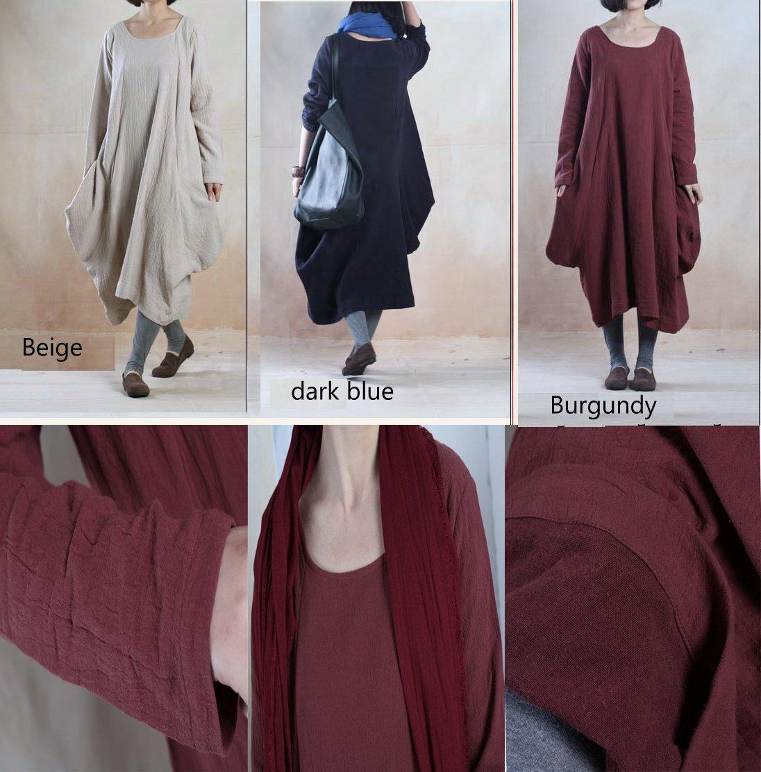 Beige Baggy linen maxi dress long plus size spring linen dresses - Omychic