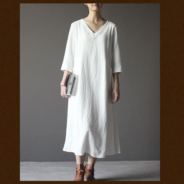 Beige V neck linen sundress plus size summer maxi dresses - Omychic