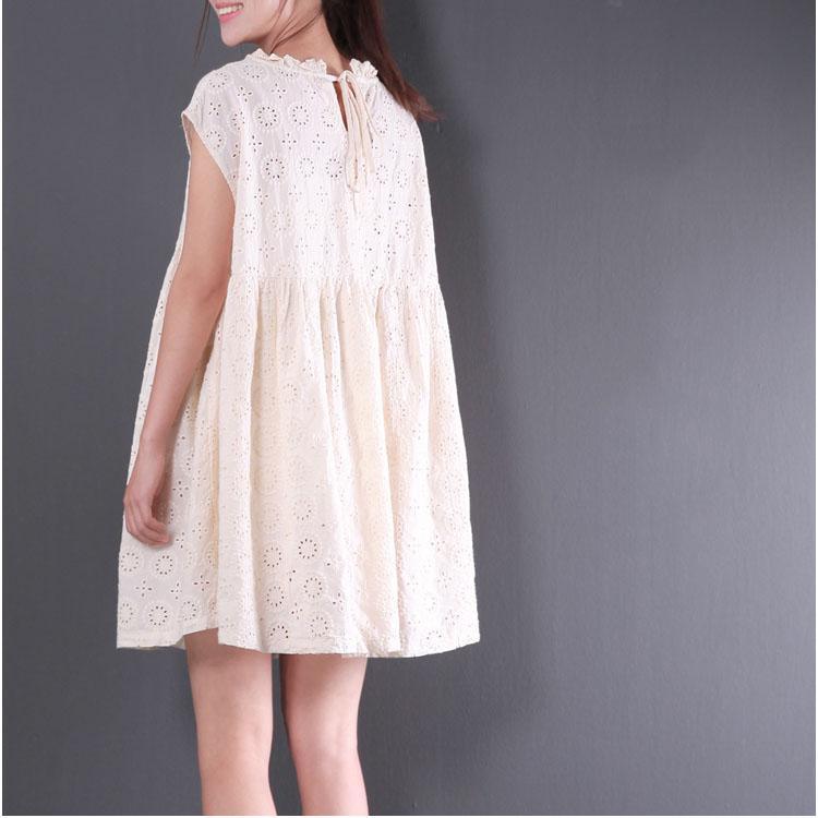 Beige casual hollow out lace dresses baggy loose stylish sundress short sleeve mid dress - Omychic
