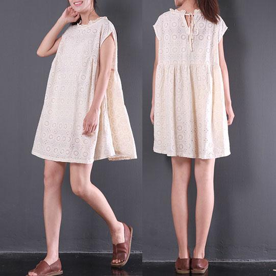Beige casual hollow out lace dresses baggy loose stylish sundress short sleeve mid dress - Omychic