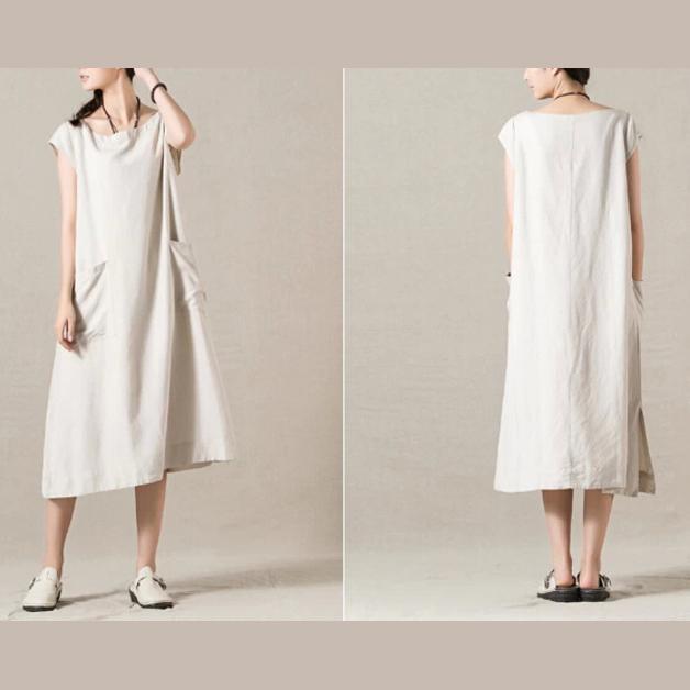 Beige cotton maxi dress linen sundress short sleeve - Omychic