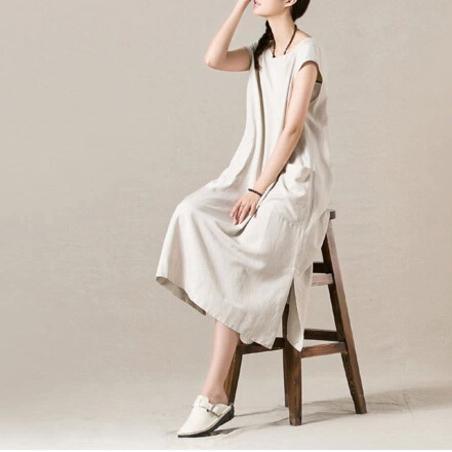 Beige cotton maxi dress linen sundress short sleeve - Omychic