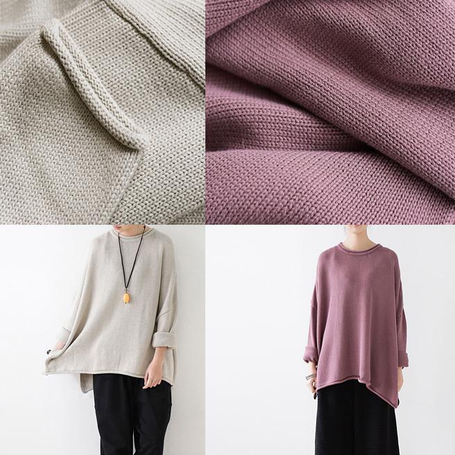 Beige cotton sweaters oversized long sleeve knit sweater tops - Omychic