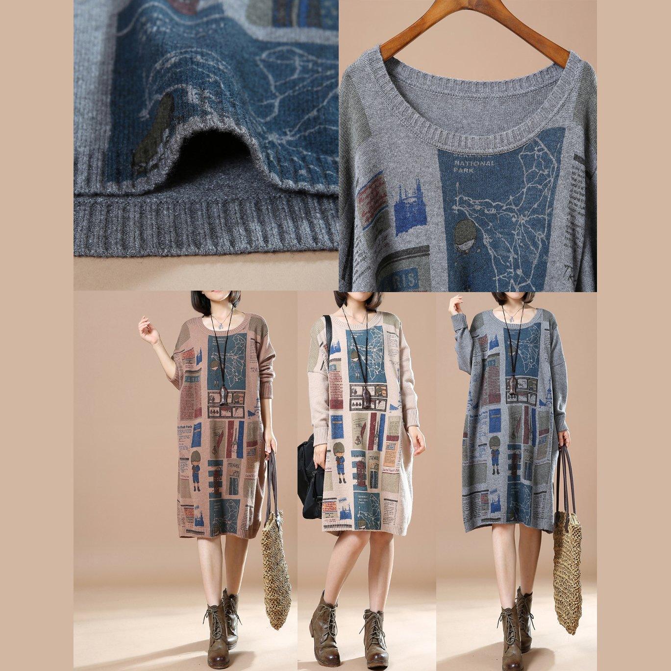 Beige plus size sweaters newspaper print knit dress - Omychic