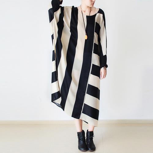 Beige striped cotton dresses oversized maxi dress unique style fall dresses - Omychic