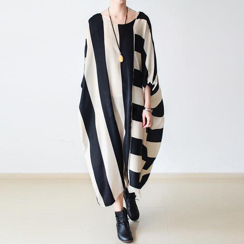 Beige striped cotton dresses oversized maxi dress unique style fall dresses - Omychic