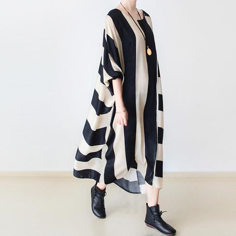 Beige striped cotton dresses oversized maxi dress unique style fall dresses - Omychic