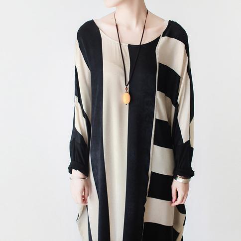 Beige striped cotton dresses oversized maxi dress unique style fall dresses - Omychic