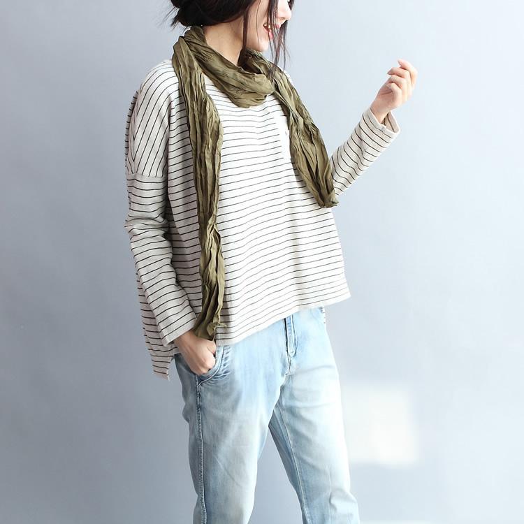 Beige striped oversize top cotton knitted blouse shirt - Omychic