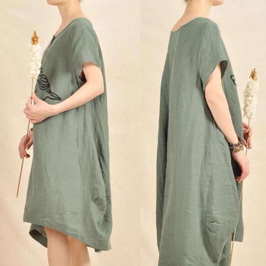 Bird print linen dress short sleeve cotton sundress - Omychic