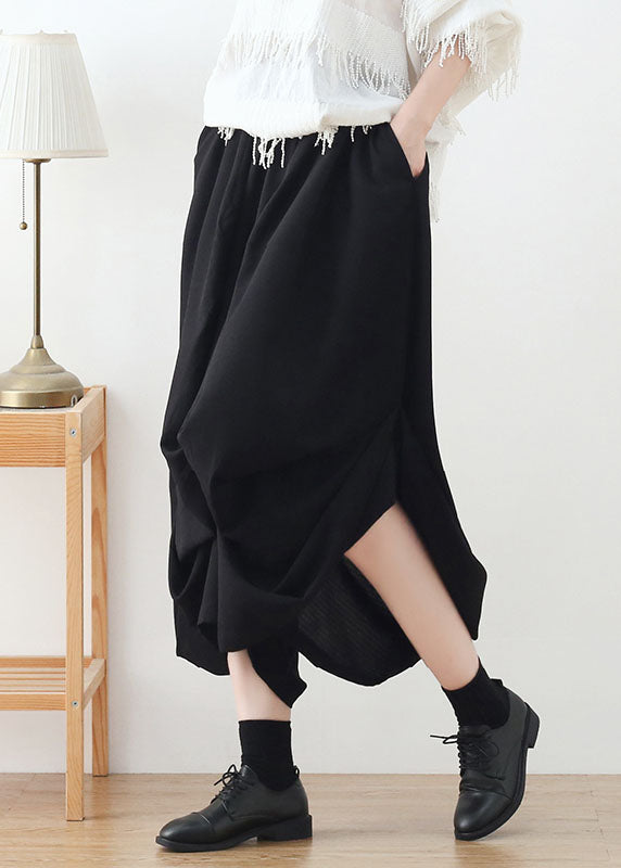 Black Baggy Cotton Harem Pants Elastic Waist Asymmetrical Summer