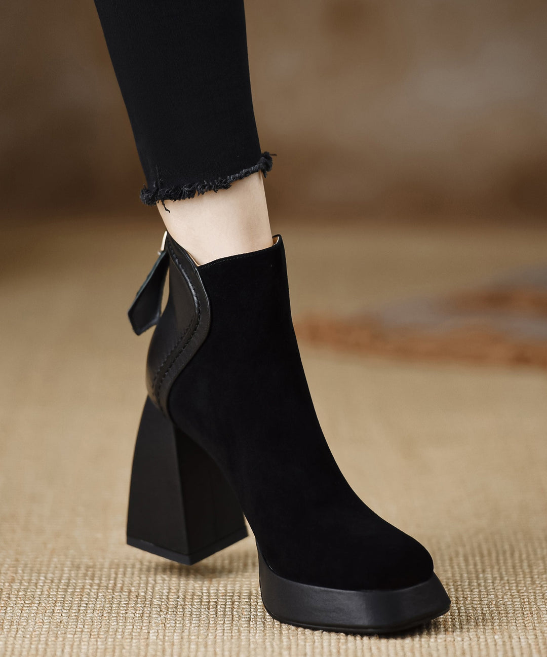 Black Boots Chunky Suede Classy Splicing Zippered