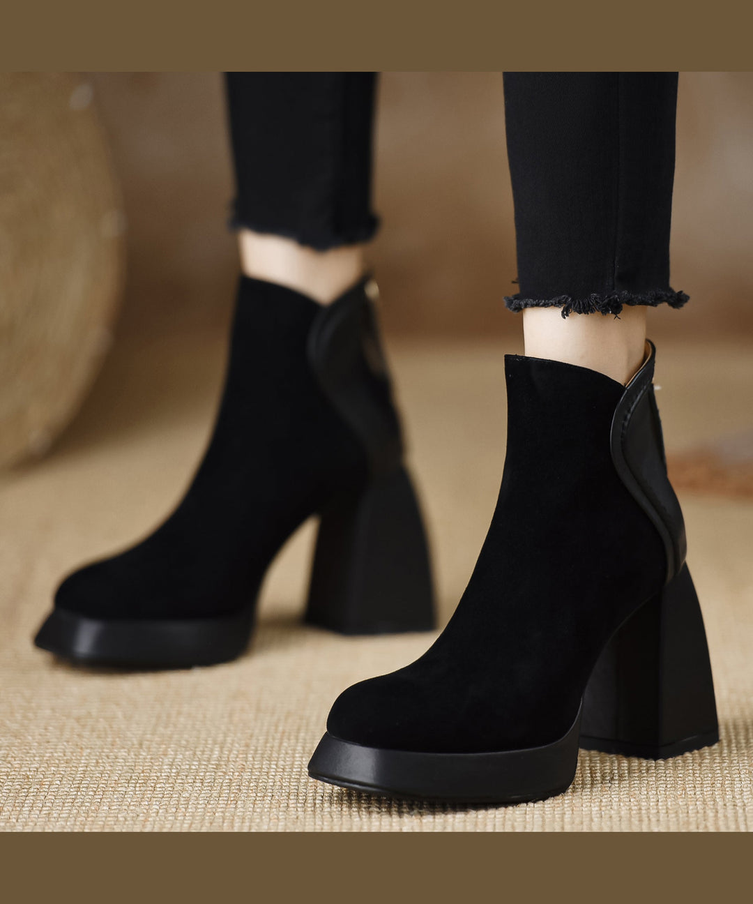 Black Boots Chunky Suede Classy Splicing Zippered