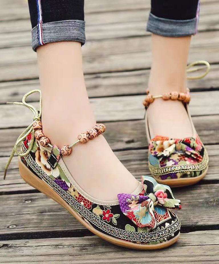 Black Bow Splicing Boho Wedge High Wedge Heels Shoes