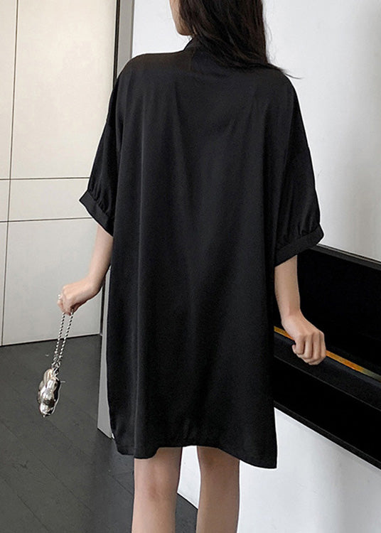 Black Button Chiffon Mid Shirts Dress Summer