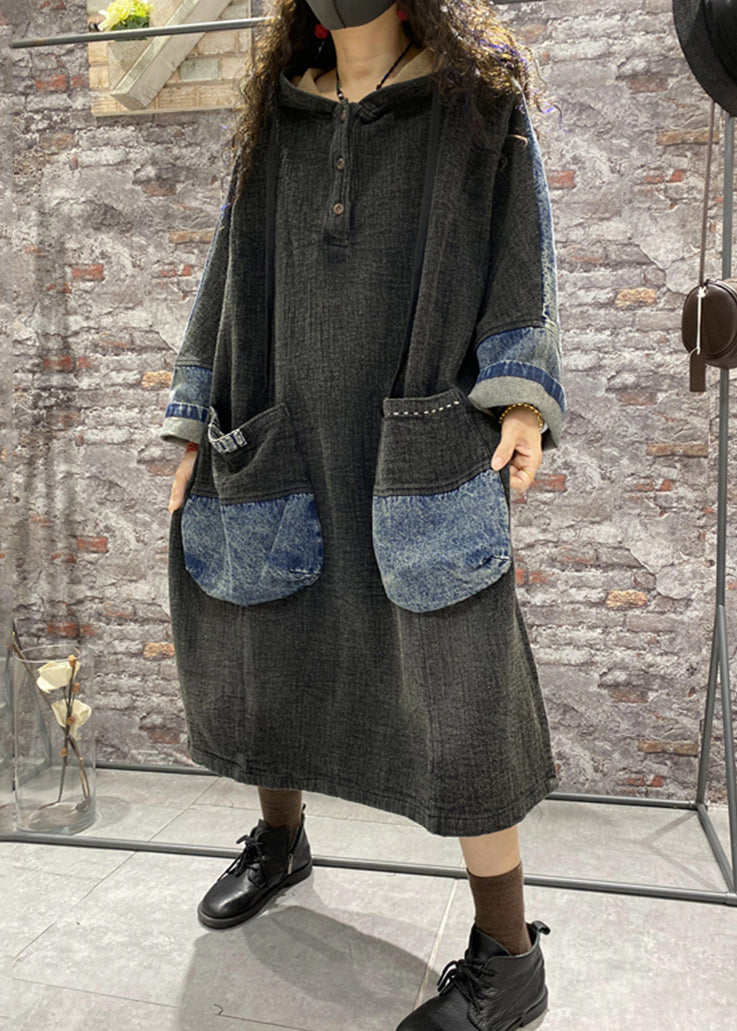 Black Button Patchwork Denim Dress Lace Up Long Sleeve