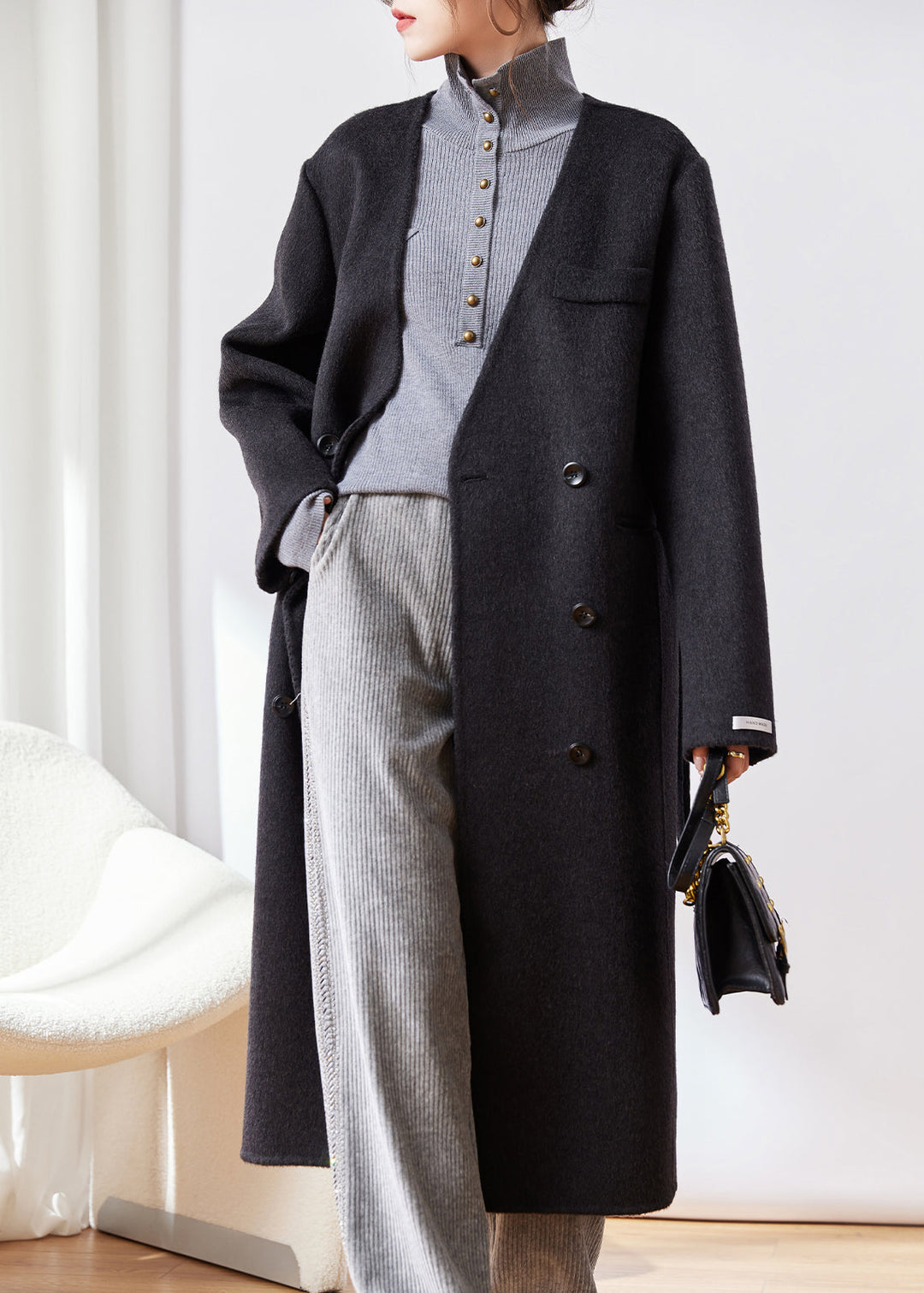 Black Button Patchwork Woolen Coat V Neck Long Sleeve