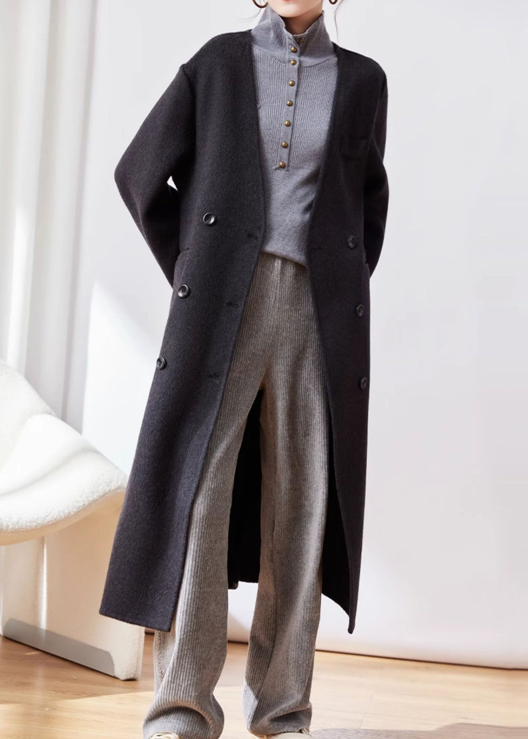 Black Button Patchwork Woolen Coat V Neck Long Sleeve