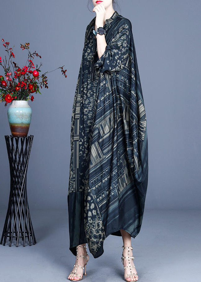 Black Button Silk Long Dresses Asymmetrical Design Short Sleeve