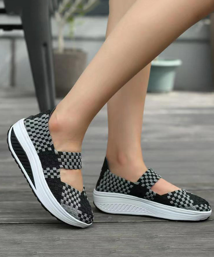 Black Casual Knit Fabric Art Splicing High Wedge Heels Shoes