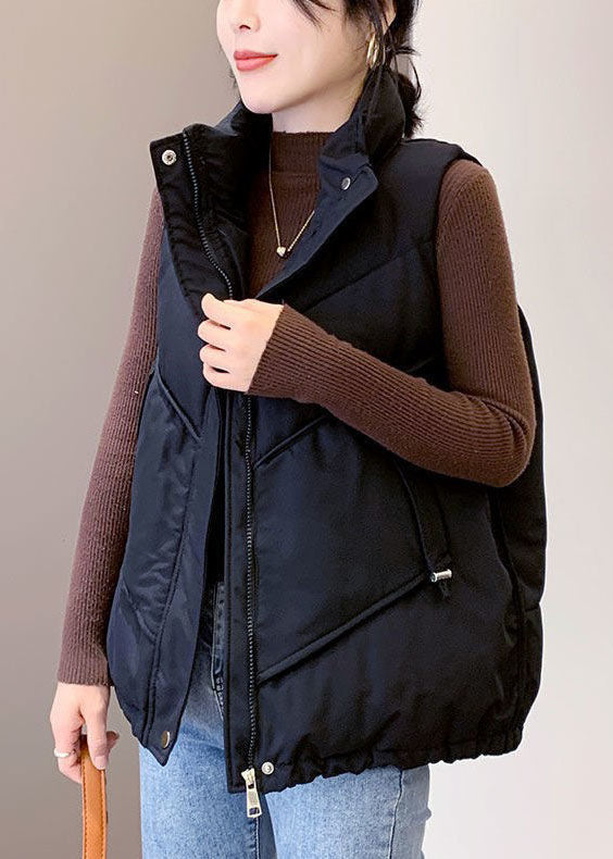 Black Casual Pockets drawstring Winter Sleeveless down vest