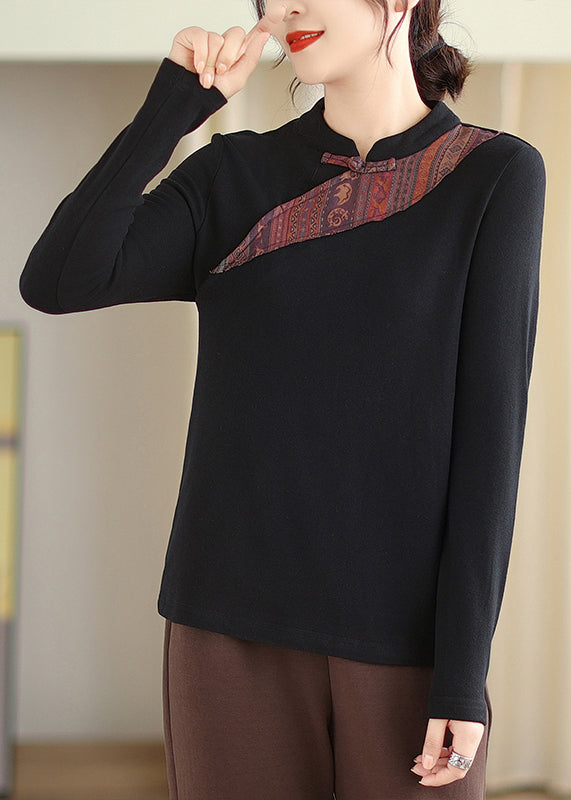 Black Chinese Button Patchwork Cotton Blouses Stand Collar Fall