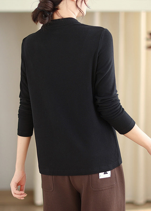 Black Chinese Button Patchwork Cotton Blouses Stand Collar Fall