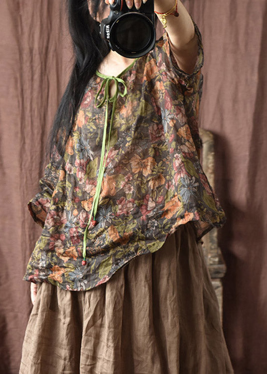 Black Coffee Colour O-Neck Print Linen Top Half Sleeve