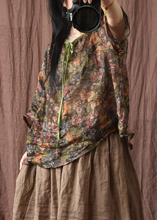 Black Coffee Colour O-Neck Print Linen Top Half Sleeve