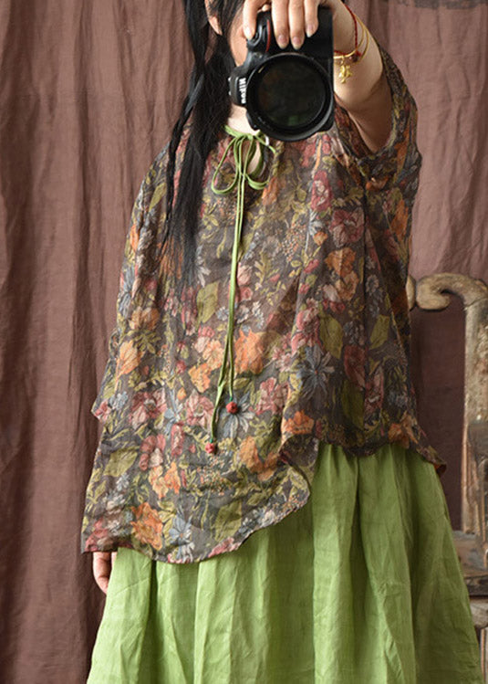 Black Coffee Colour O-Neck Print Linen Top Half Sleeve