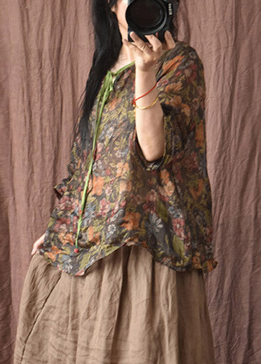 Black Coffee Colour O-Neck Print Linen Top Half Sleeve