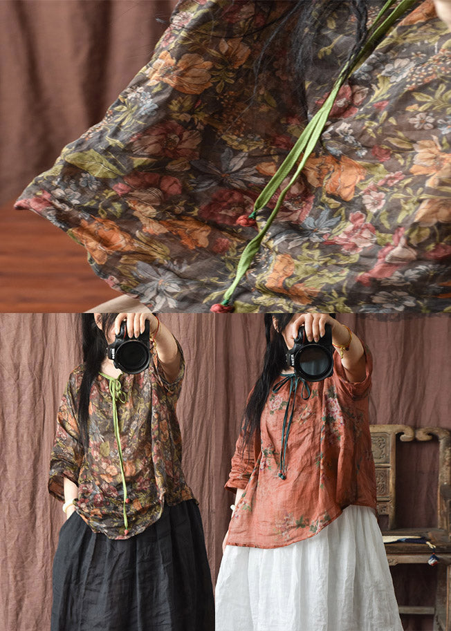 Black Coffee Colour O-Neck Print Linen Top Half Sleeve