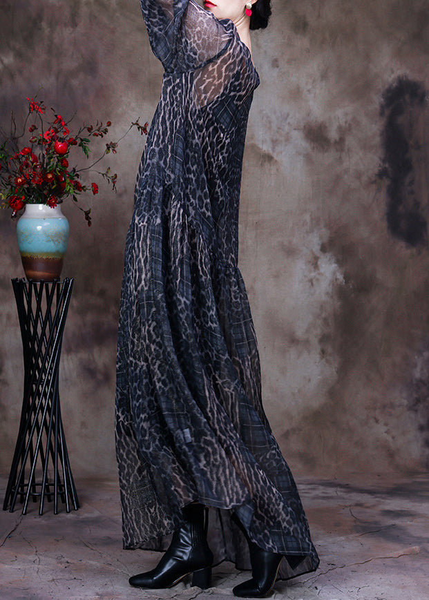 Black Coffee O-Neck Print Maxi Dress And Suspenders Two Pieces Set Fall